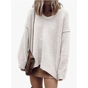 NEW Women's Anrabees Oversized Slouchy Casual Ivory V Neck LS Sweater Small